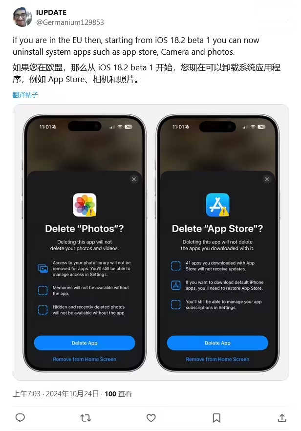 西乡苹果手机维修分享iOS 18.2 支持删除 App Store 应用商店 