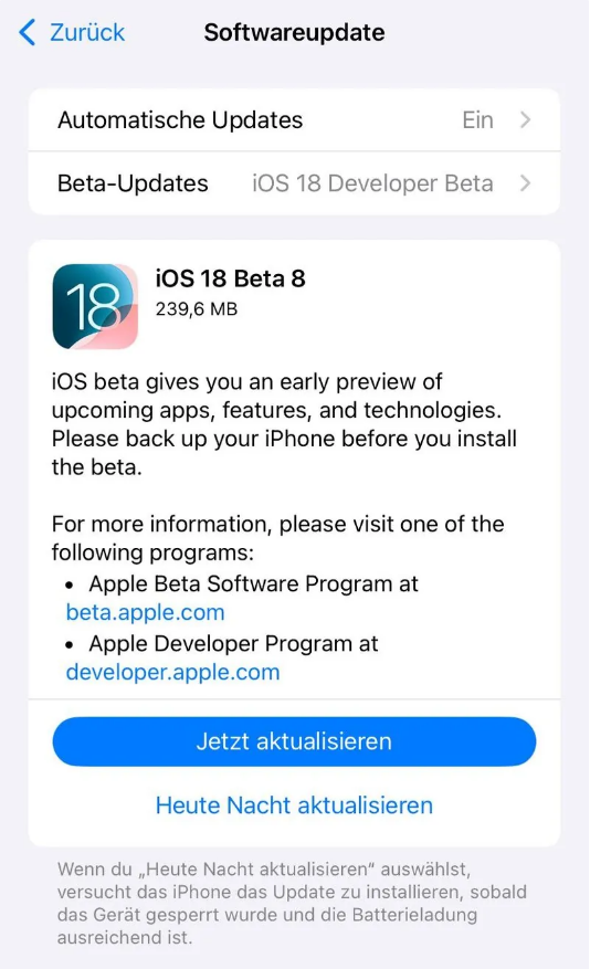 西乡苹果手机维修分享苹果 iOS / iPadOS 18 开发者预览版 Beta 8 发布 